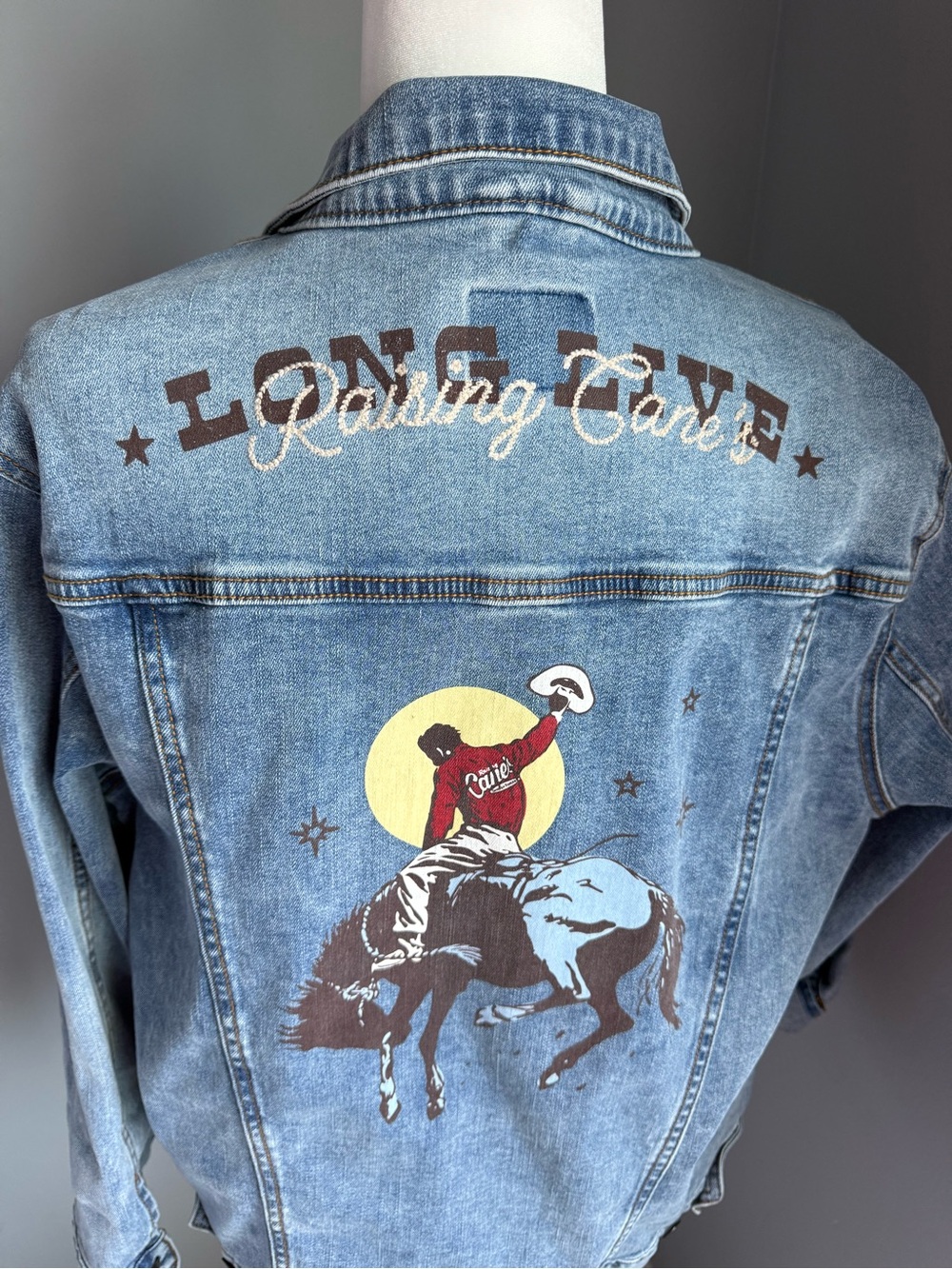 Denim Jean Jacket Raising Cane’s Light Blue Country Western Cowboy Horse Rodeo